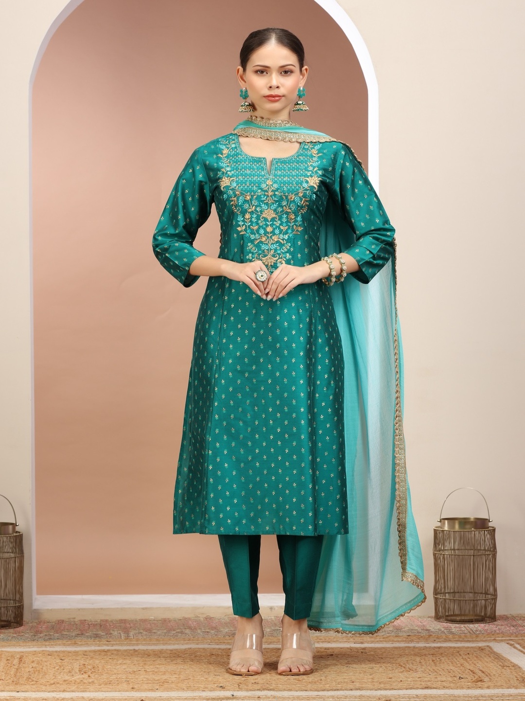 

COTTON CULTURE Women Floral Embroidered Regular Pure Silk Kurta with Palazzos & With Dupatta, Teal