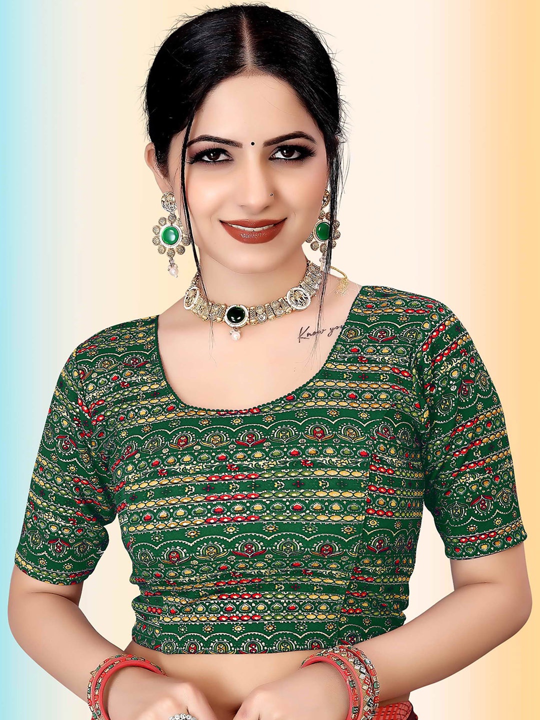 

TANISHM FEB TEX Printed Stretchable Saree Blouse, Green