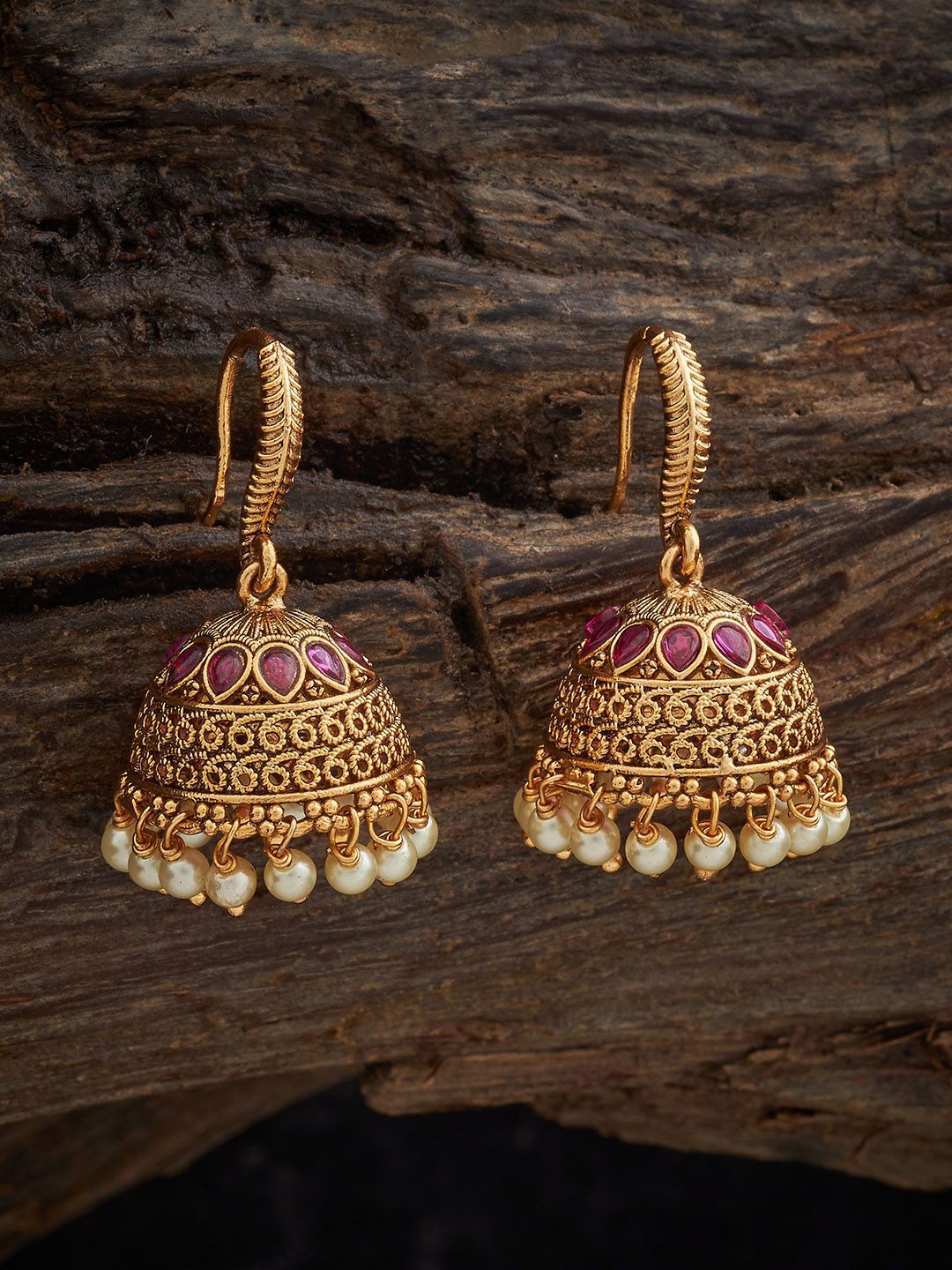 

Kushal's Fashion Jewellery Ruby Gold-Plated Ethnic Antique Dome Shaped Jhumkas Earrings