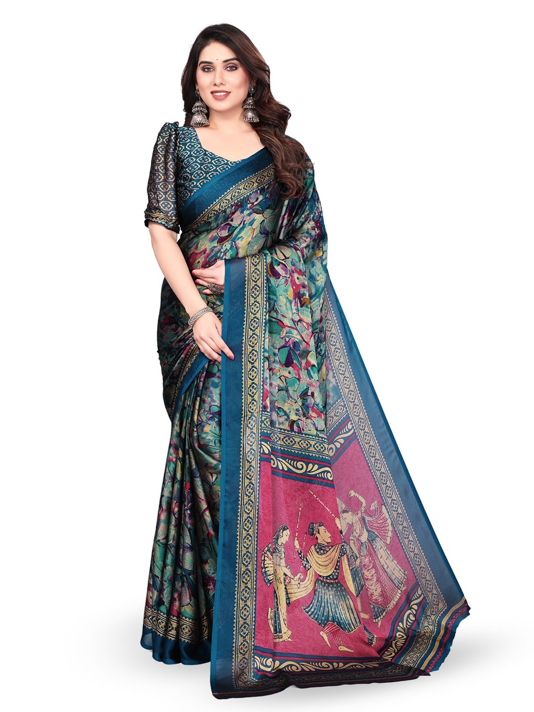 

MAGNEITTA Floral Pure Chiffon Saree, Teal
