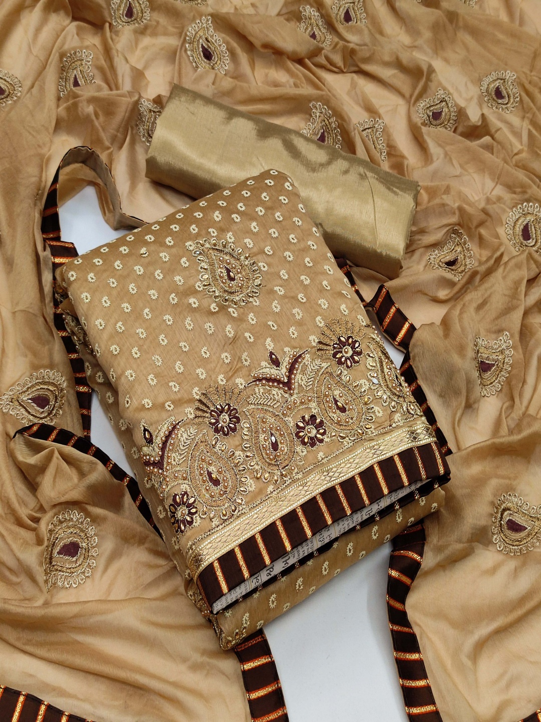 

HERE&NOW Paisley Embroidered Beads and Stones Unstitched Dress Material, Beige