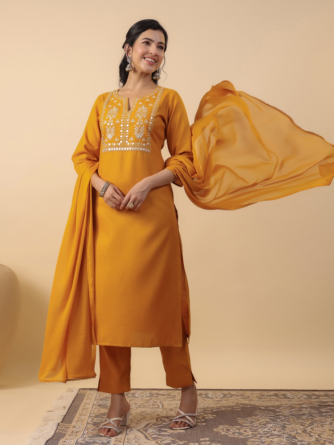 

KALINI Women Floral Embroidered Regular Pure Cotton Kurta with Trousers & With Dupatta, Mustard