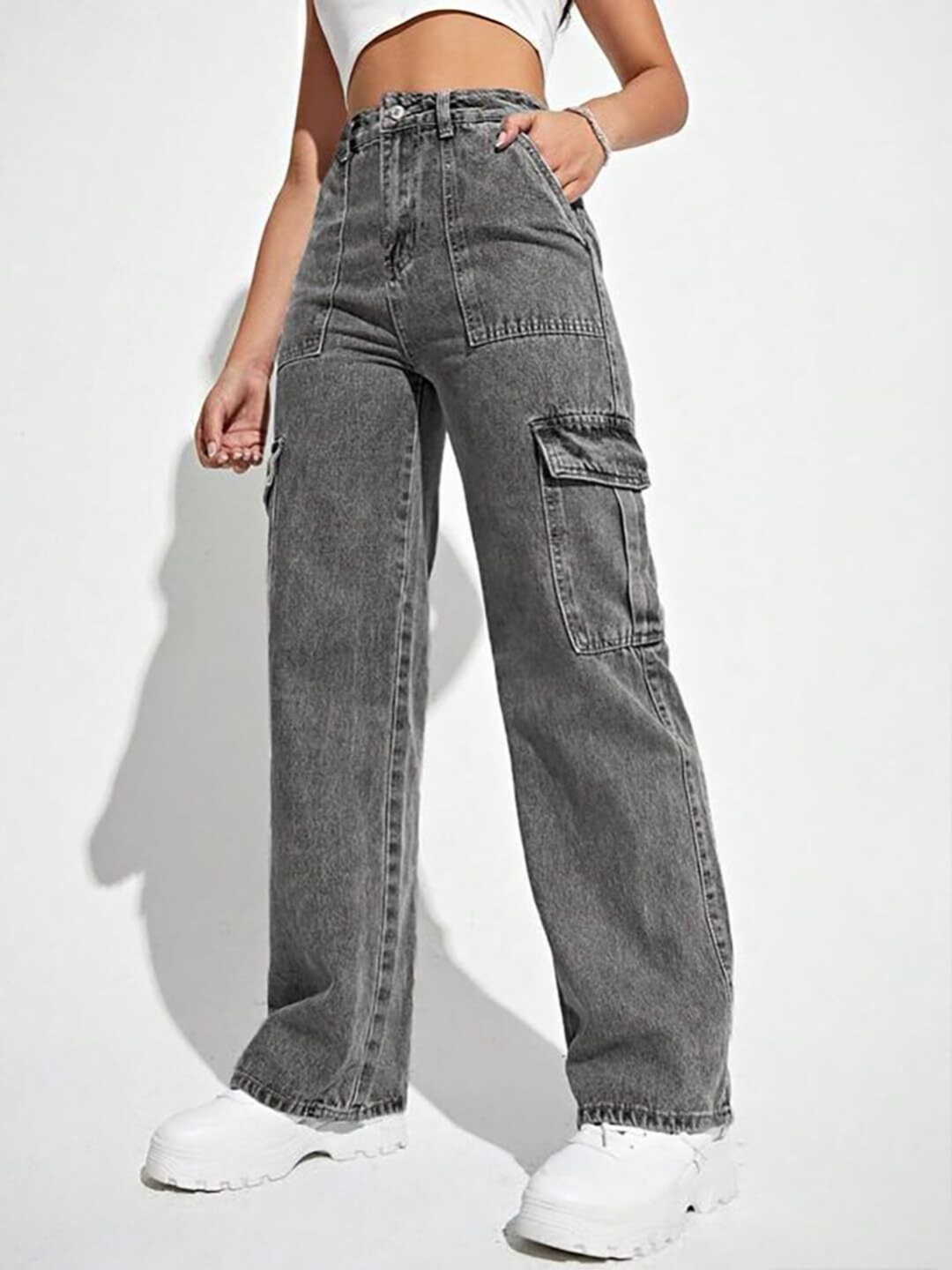 

Metronaut Women Cargo Mid rise Jeans, Grey