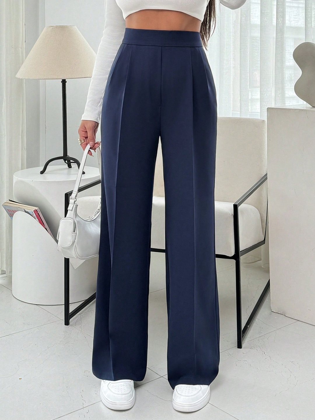 

NUCOUTHS Women Relaxed Straight Leg Straight Fit High-Rise Trousers, Blue