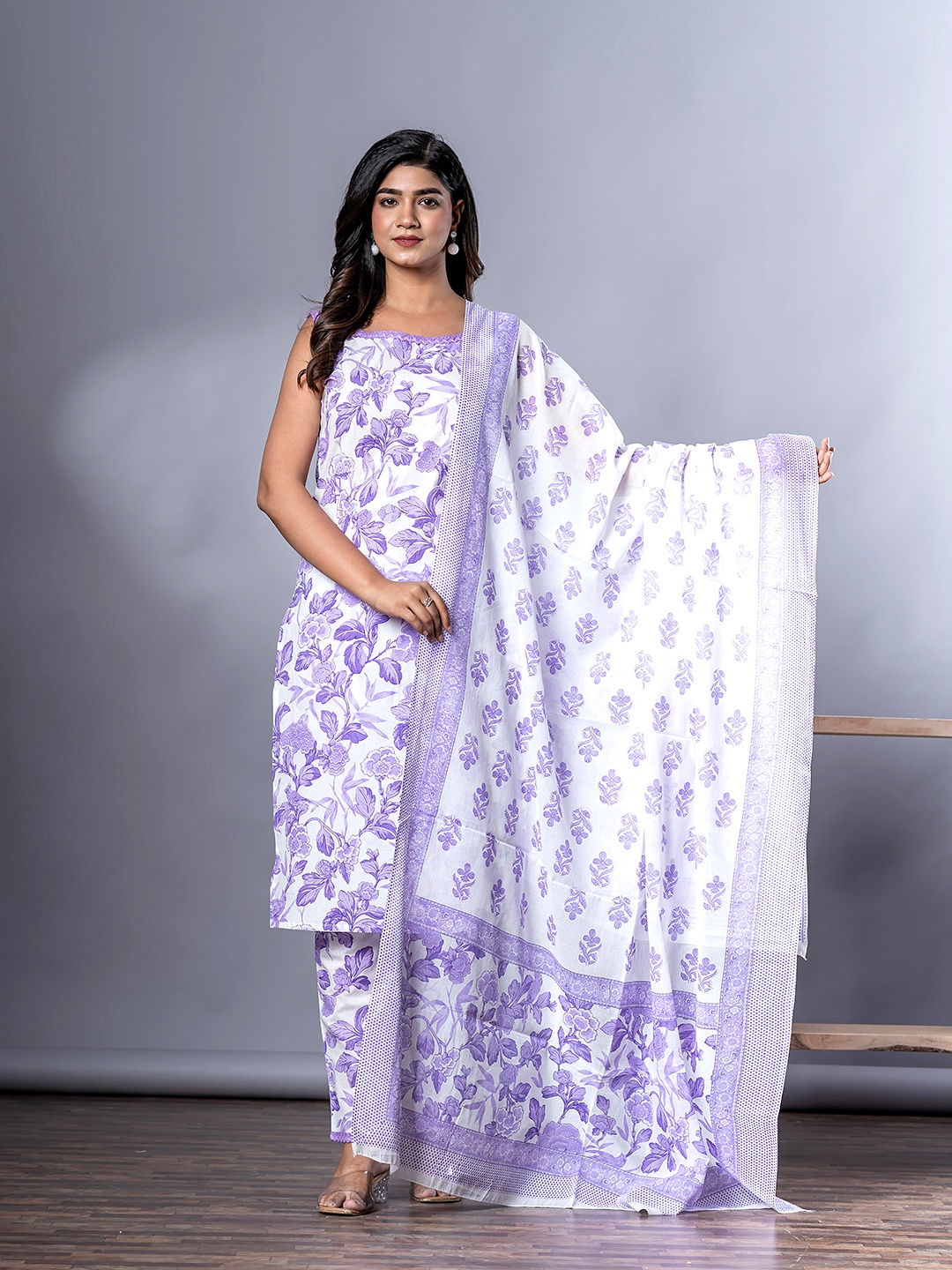 

KALINI Women Floral Printed Regular Pure Cotton Kurta with Trousers & With Dupatta, Purple