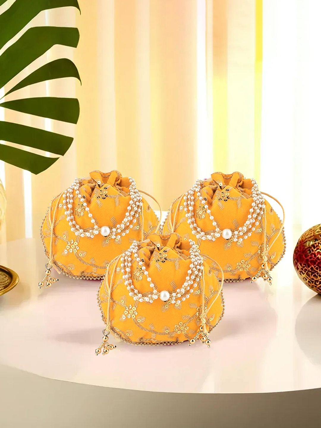 

Kuber Industries 3 Pcs Polyester Potli Bags for Women Embroidered Potli Clutch, Yellow