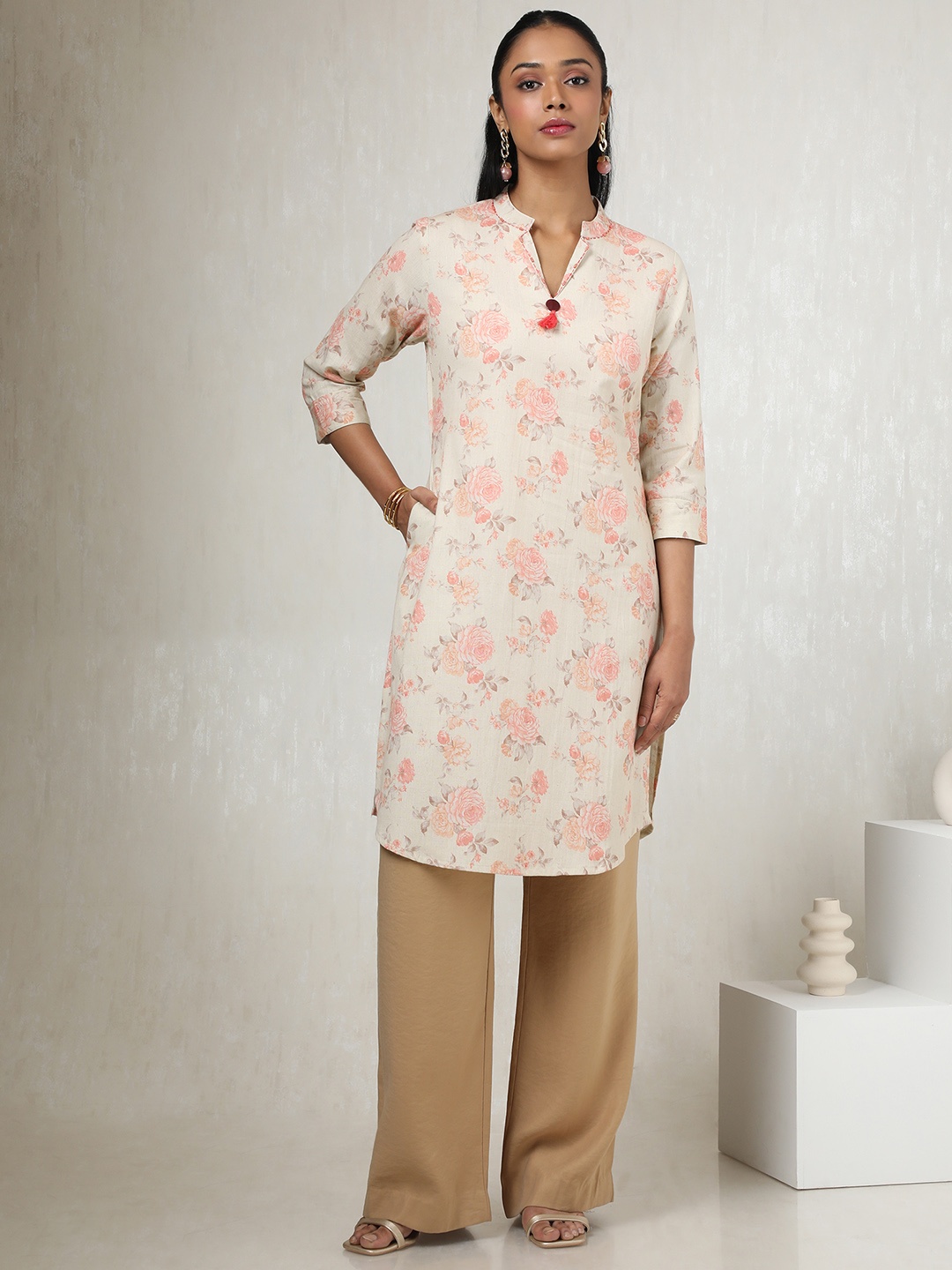

Soch Floral Printed Mandarin Collar Beads & Stones Straight Kurta, Beige
