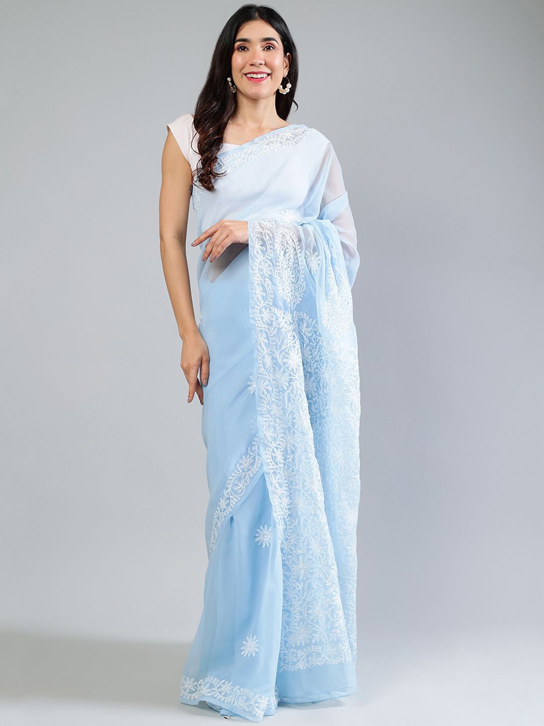 

Seva Chikan Paisley Embroidered Poly Georgette Saree, Blue