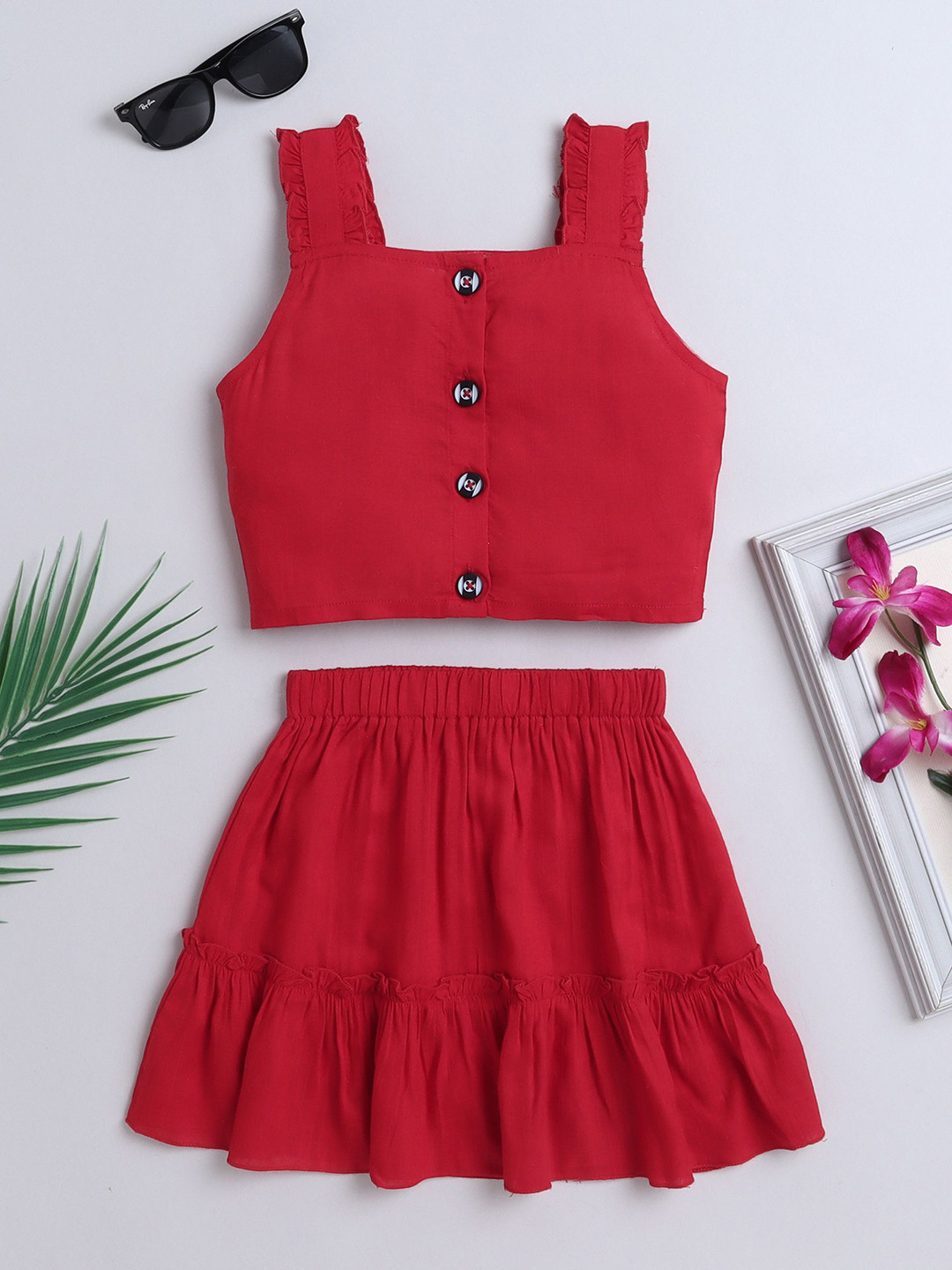 

ZACKBEE Girls Shoulder Strap Neck Cotton Top With Skirt, Red