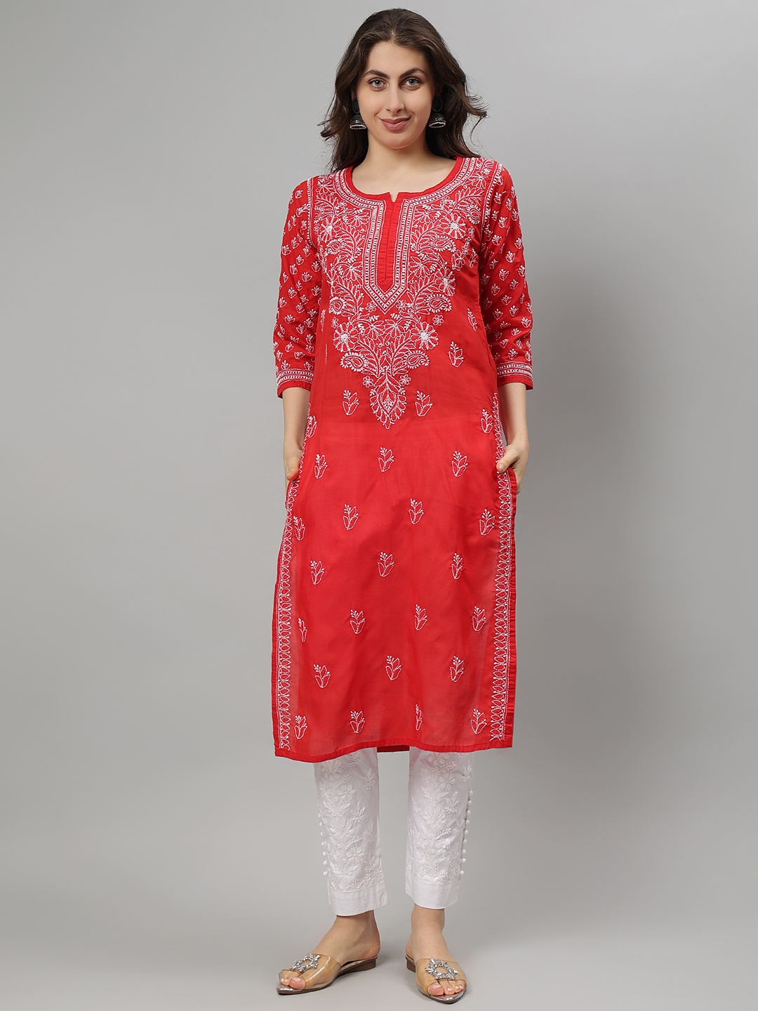 

Seva Chikan Floral Embroidered Notch Neck Lucknowi Chikankari Straight Kurta, Red