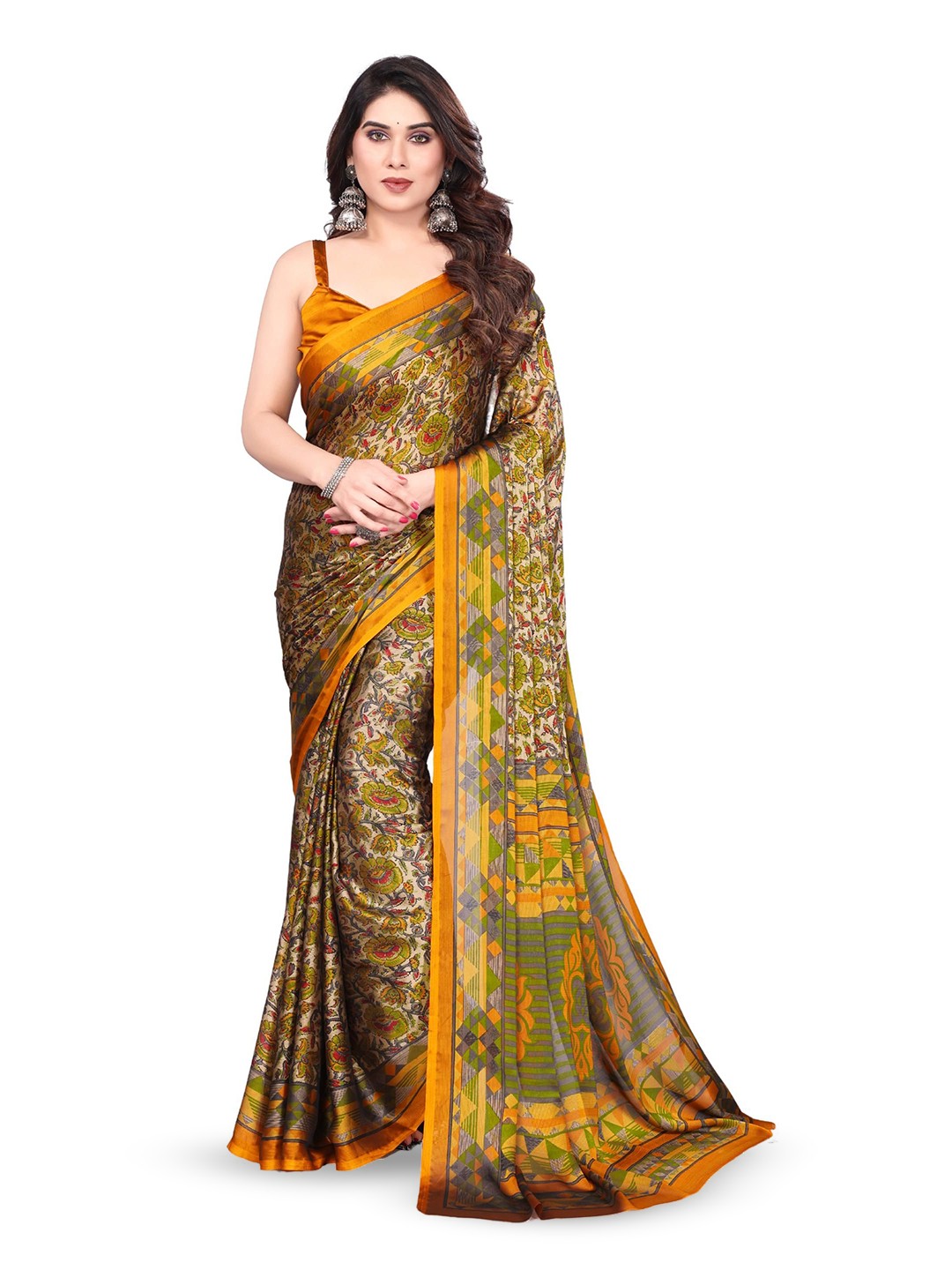 

MAGNEITTA Floral Pure Chiffon Designer Saree, Yellow