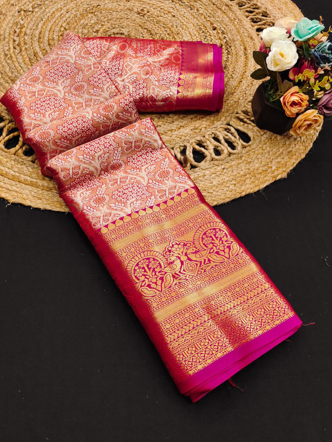 

yourwish Floral Zari Pure Silk Kanjeevaram Saree, Orange