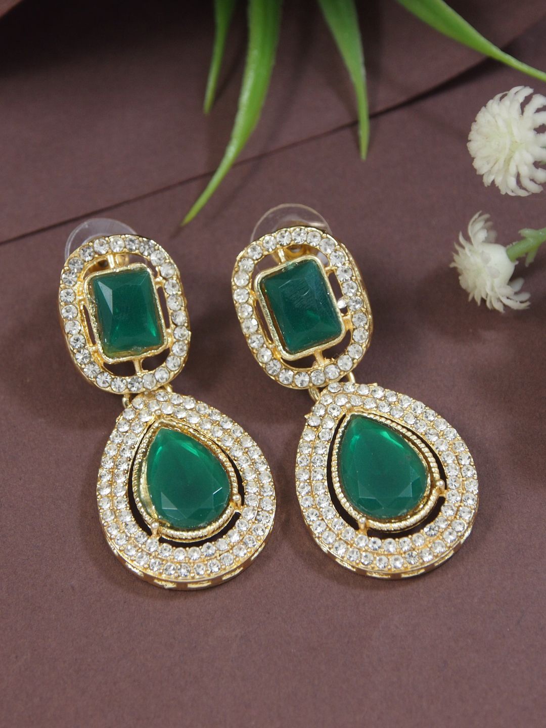 

I Jewels Gold-Plated Artificial Stones Studded Teardrop Shaped Drop Earrings