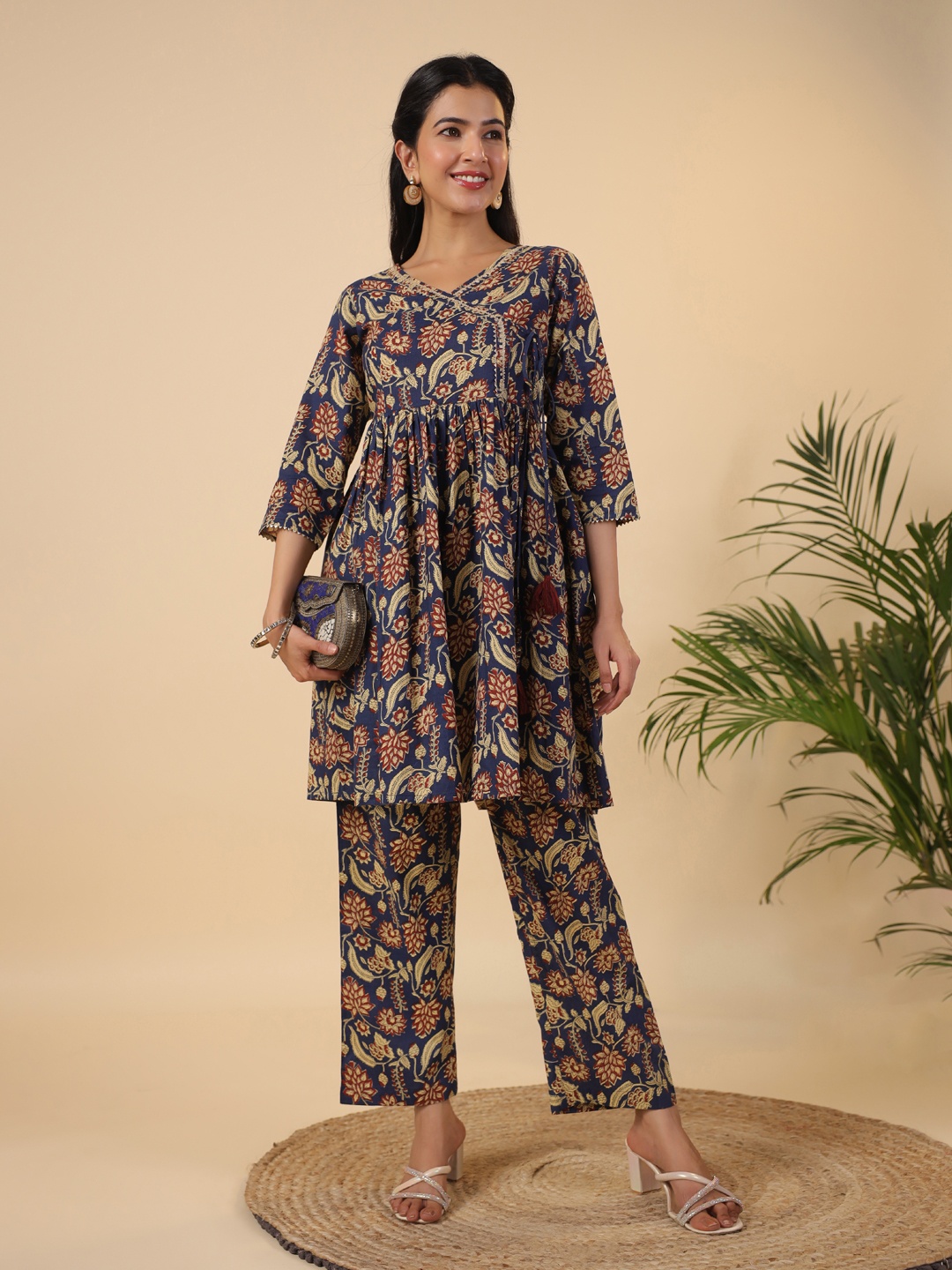 

KALINI Printed V-Neck Pure Cotton Tunic With Trouser, Navy blue
