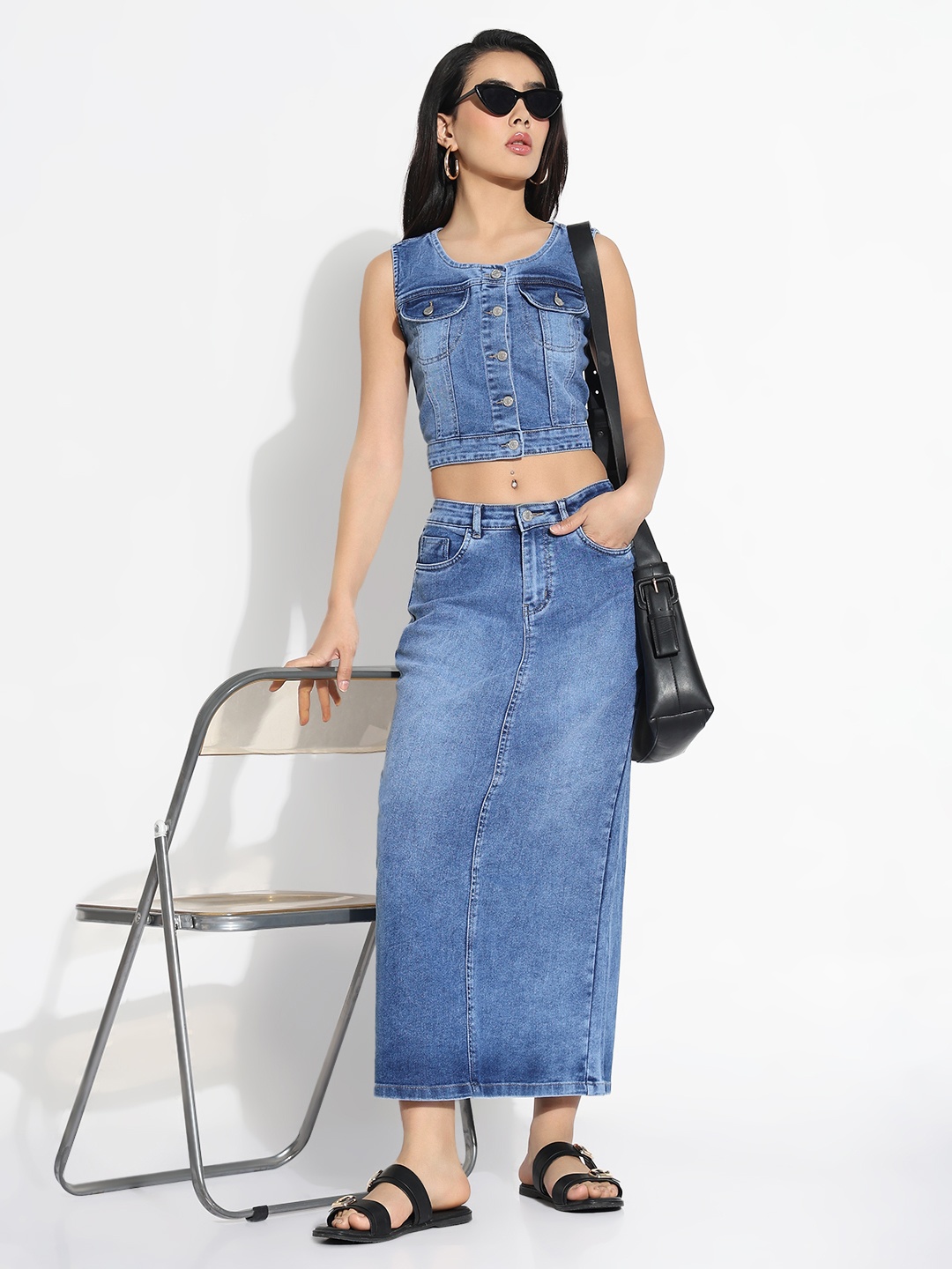 

SHOWOFF Round Neck Sleeveless Shirt With Skirt, Blue