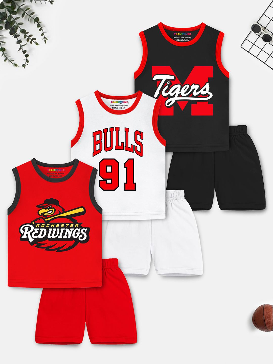 

YK X Trampoline Kids Pack Of 3 Graphic Printed Sleeveless T-shirt With Shorts, Red