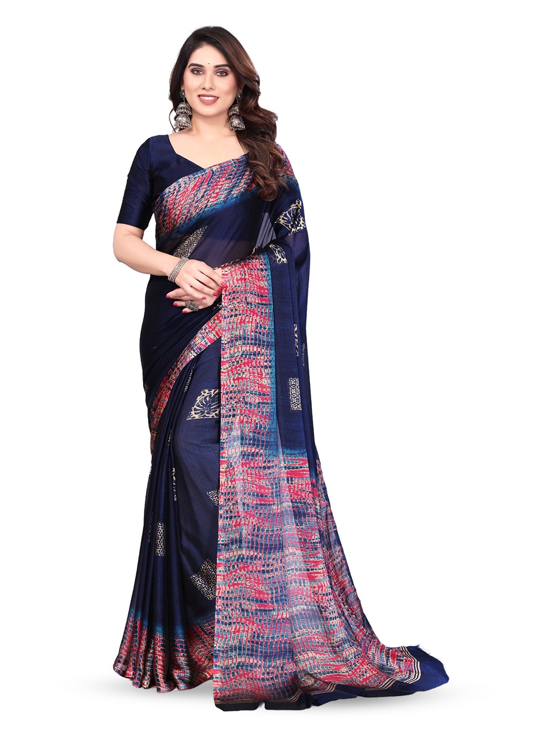 

MAGNEITTA Floral Pure Chiffon Fusion Saree, Navy blue