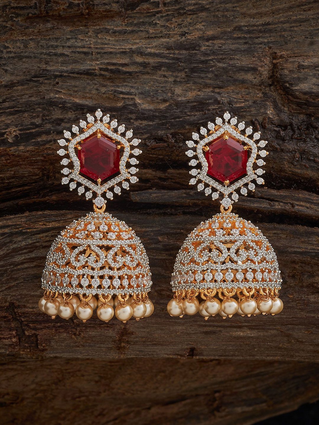 

Kushal's Fashion Jewellery Rhodium-Plated Zircon Dome Shaped Jhumkas, Gold