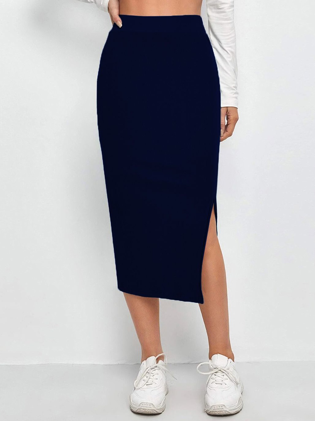 

DIMPY GARMENTS Pencil Midi Slit Skirt, Navy blue