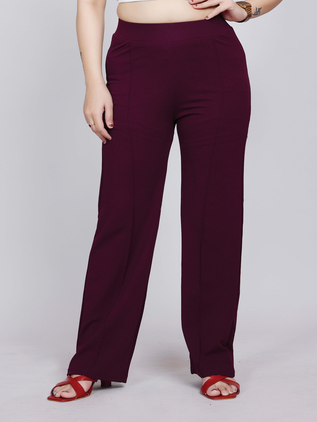 

NUCOUTHS Women Relaxed Straight Leg Straight Fit High-Rise Trousers, Maroon