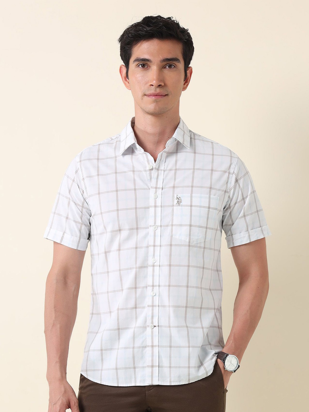 

U.S. Polo Assn. Men Classic Tailored Fit Opaque Checked Casual Shirt, White