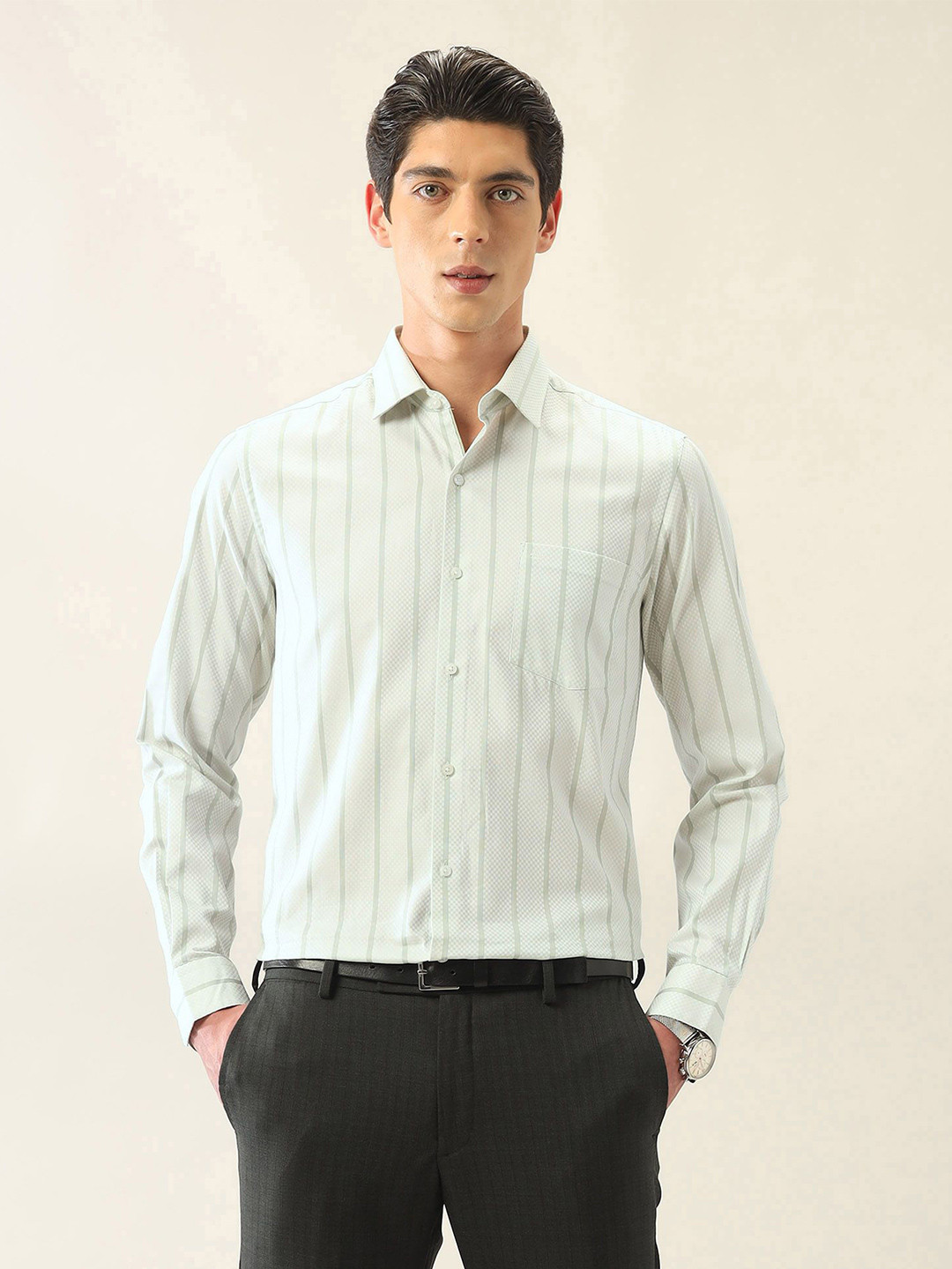 

Arrow Men Slim Fit Opaque Striped Formal Shirt, Green