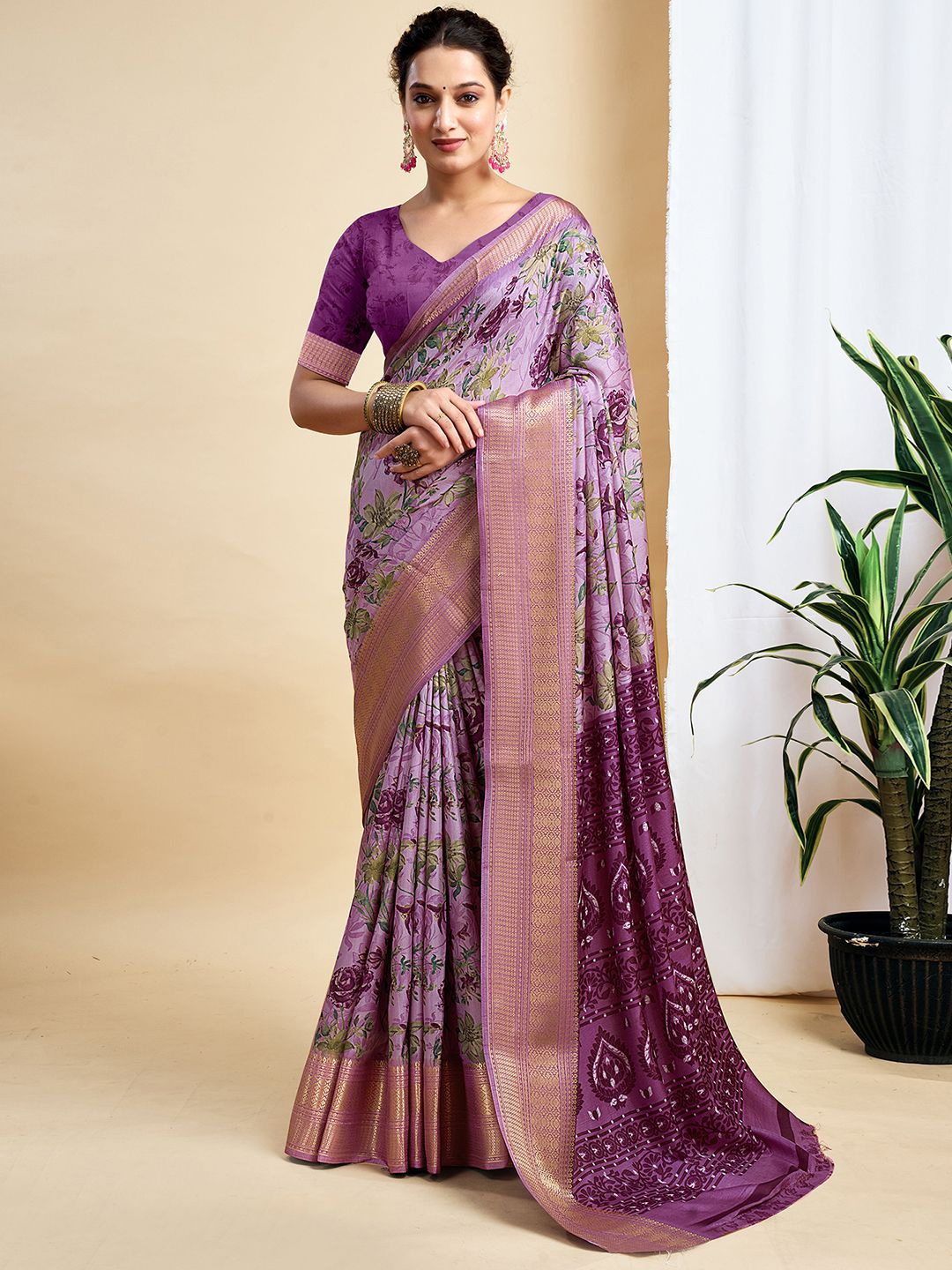 

all about you Floral Zari Silk Blend Tussar Saree, Purple