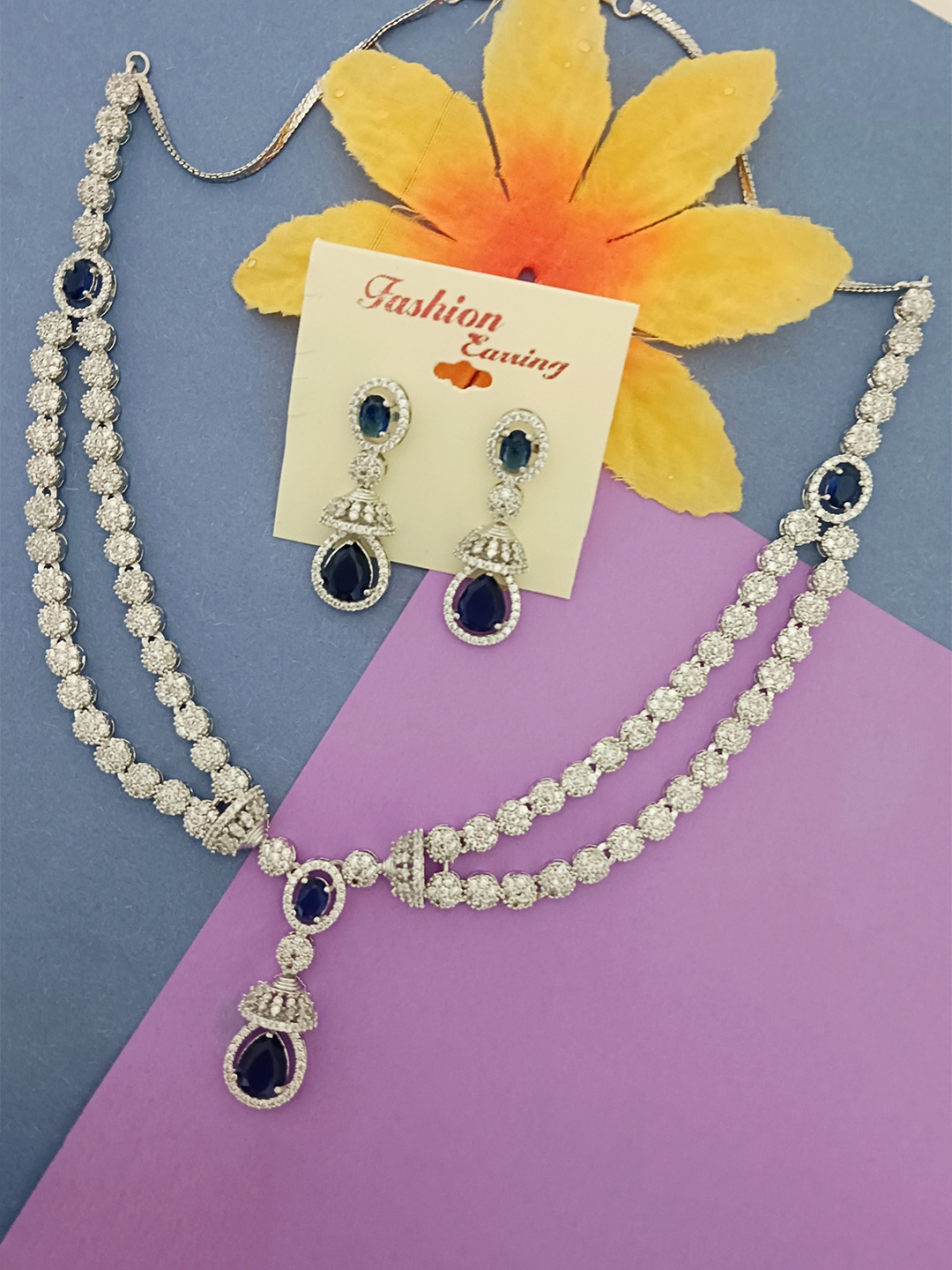 

EVY Silver-Plated Cubic Zirconia Studded Necklace And Earrings, Blue