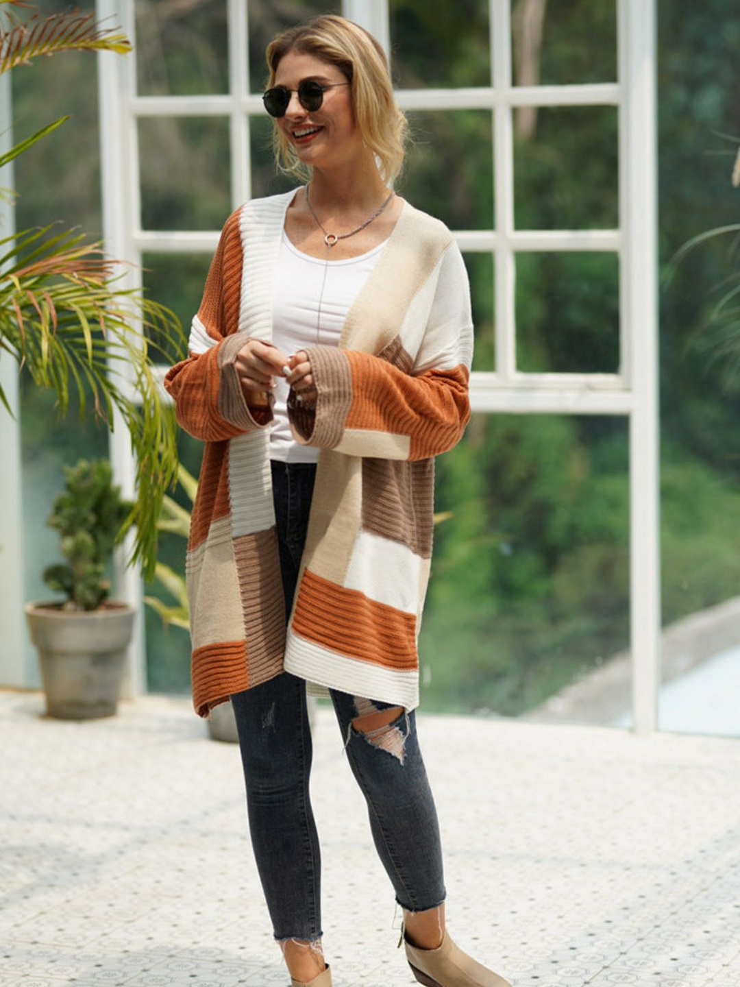 

Oh Rare Women Colourblocked Longline Cardigan, Camel brown