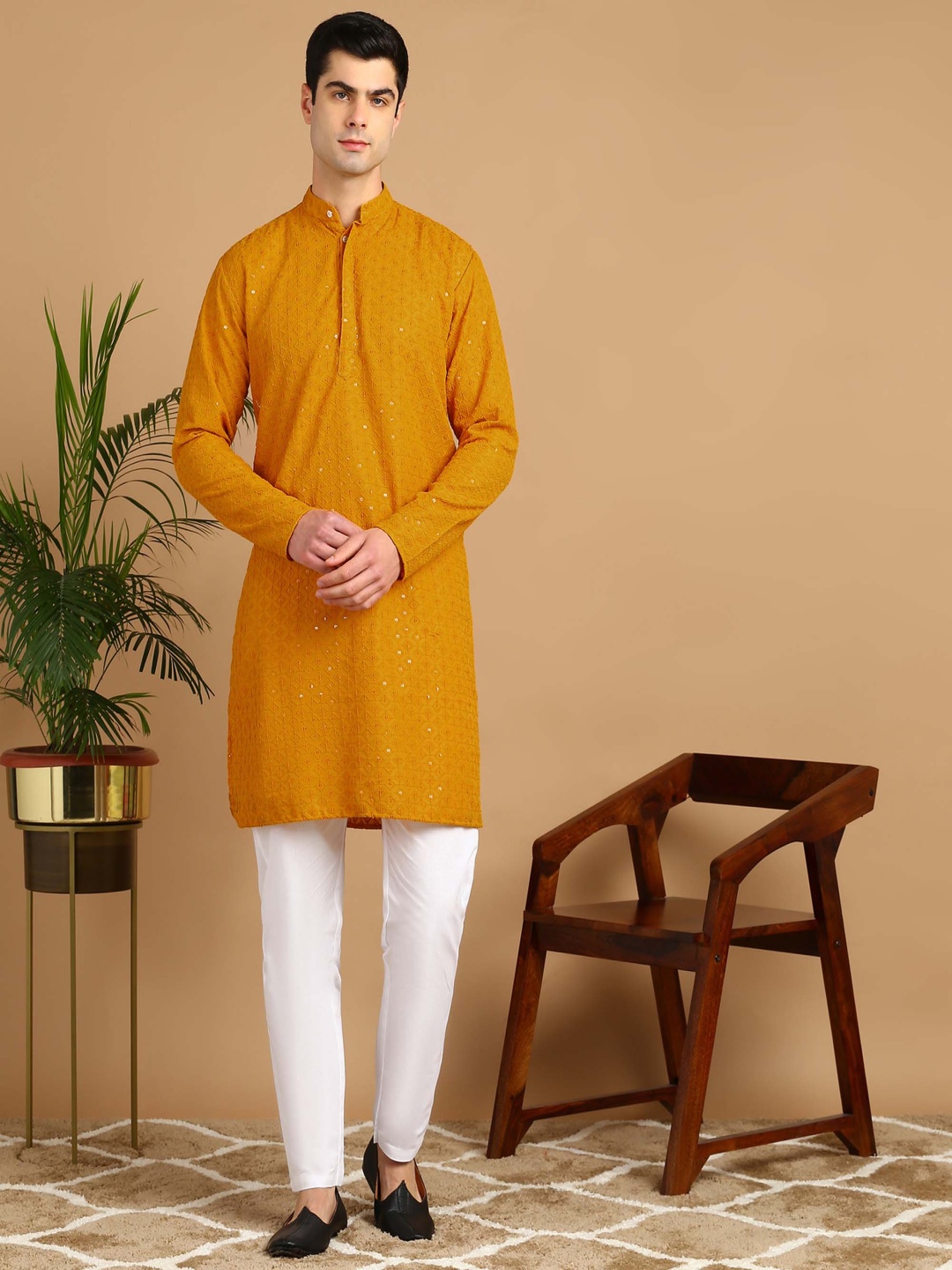 

PulseIQ Men Embroidered Regular Thread Work Kurta with Pyjamas, Yellow