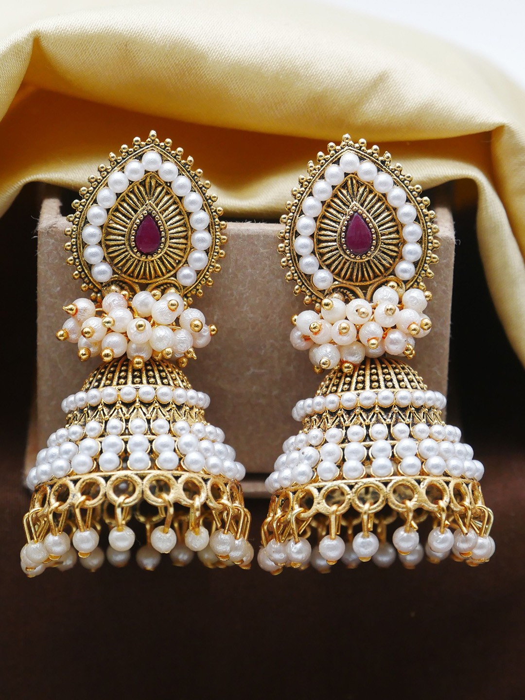 

Anouk Gold-Plated Stone Studded And Beaded Dome Shaped Jhumkas