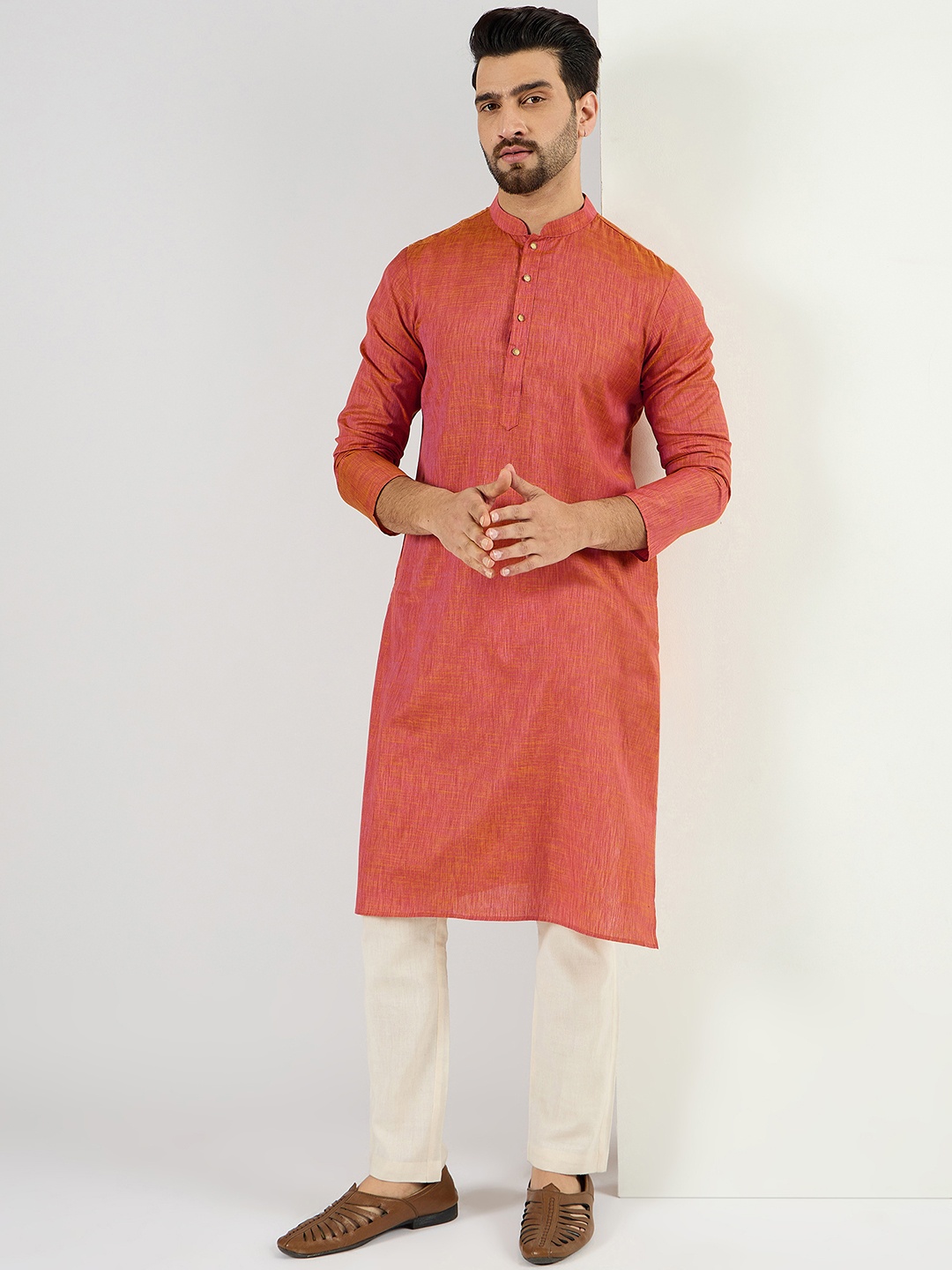 

House of Pataudi Mandarin Collar Cotton Straight Kurta, Orange