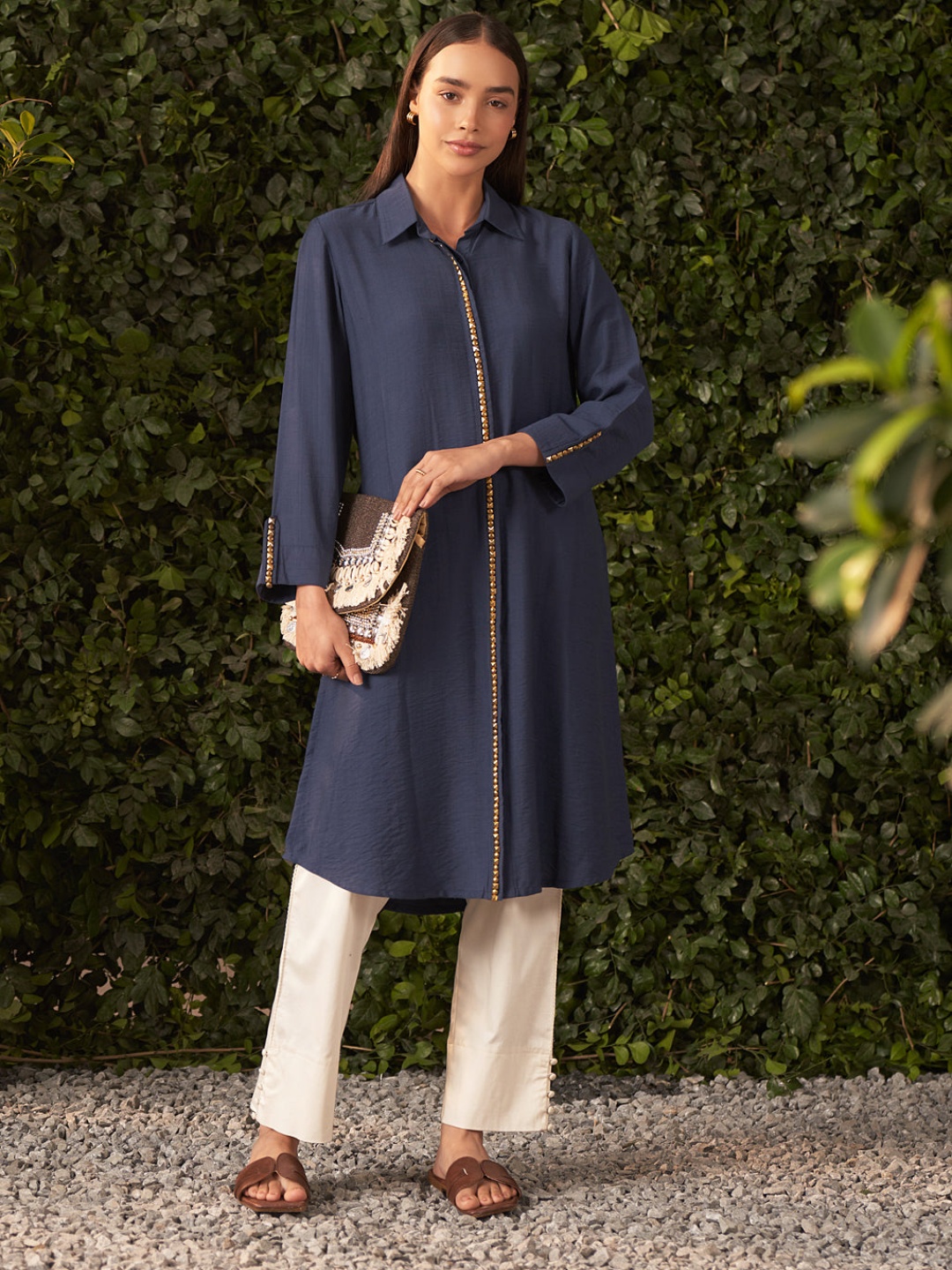

Lakshita Shirt Collar Beads and Stones A-Line Kurta, Blue