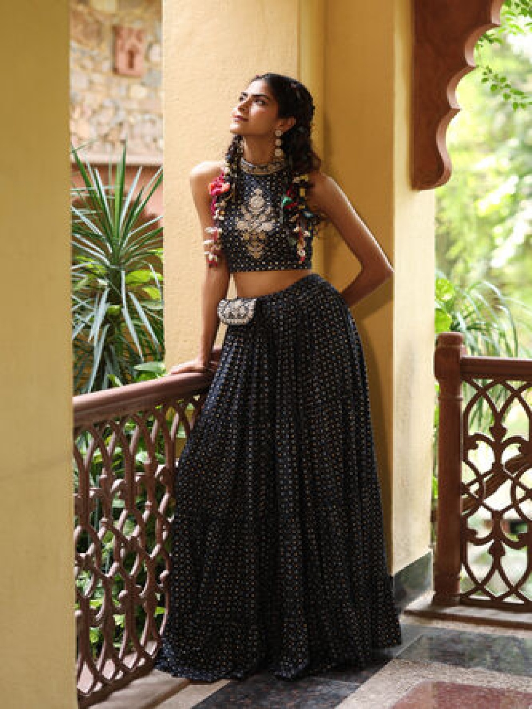 

Global Desi Halter Neck Top With Skirts Co-Ords, Blue