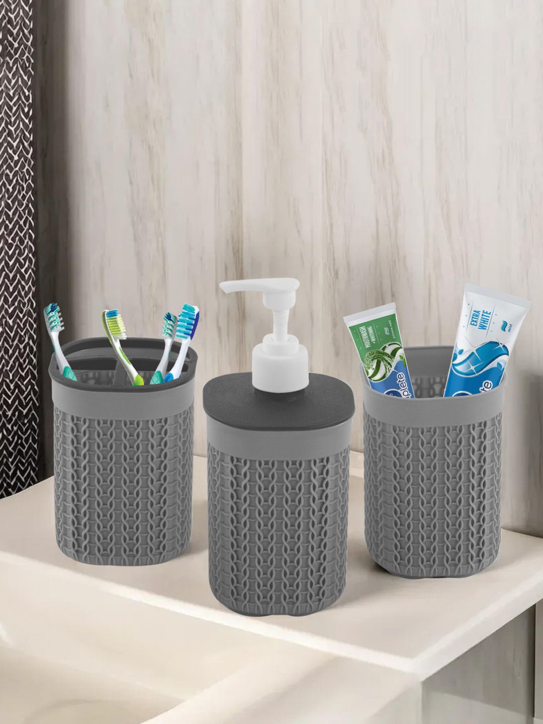 

Kuber Industries Grey 3 Pieces Textured Soap Dispenser
