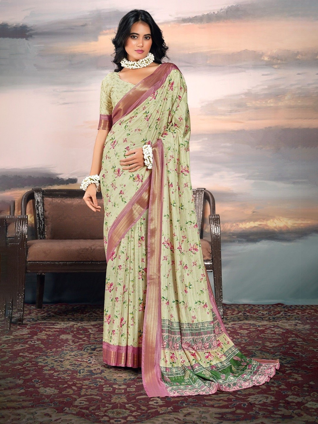 

MySilkLove Thistle Green Digital Printed Cotton Saree