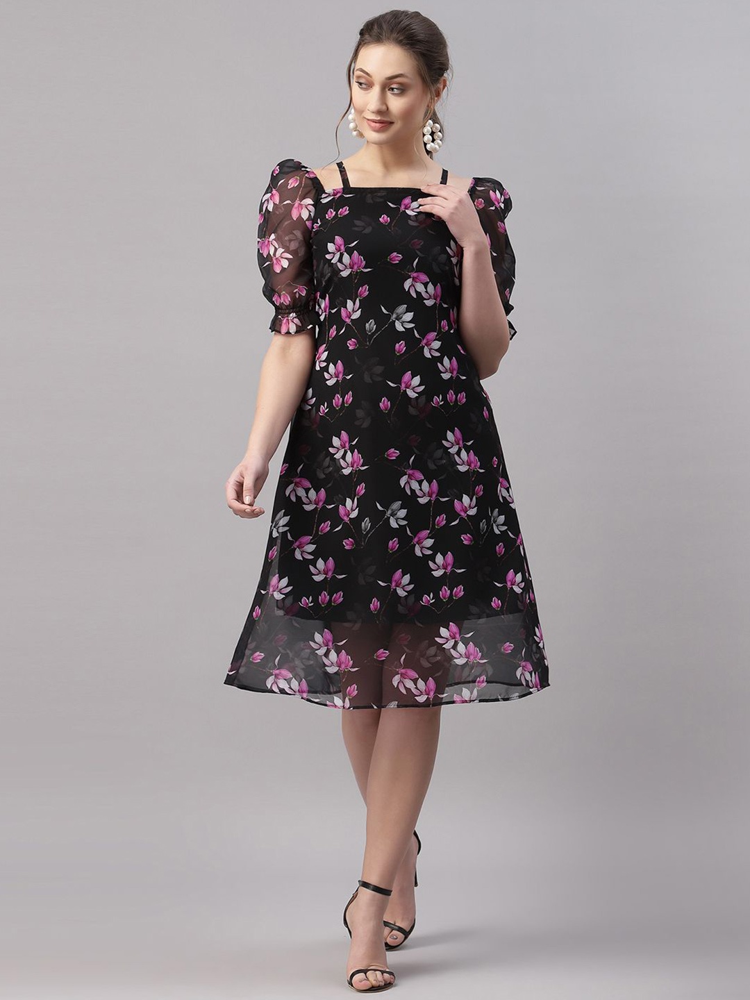 

Moda Rapido Print Puff Sleeve A-Line Midi Dress, Black