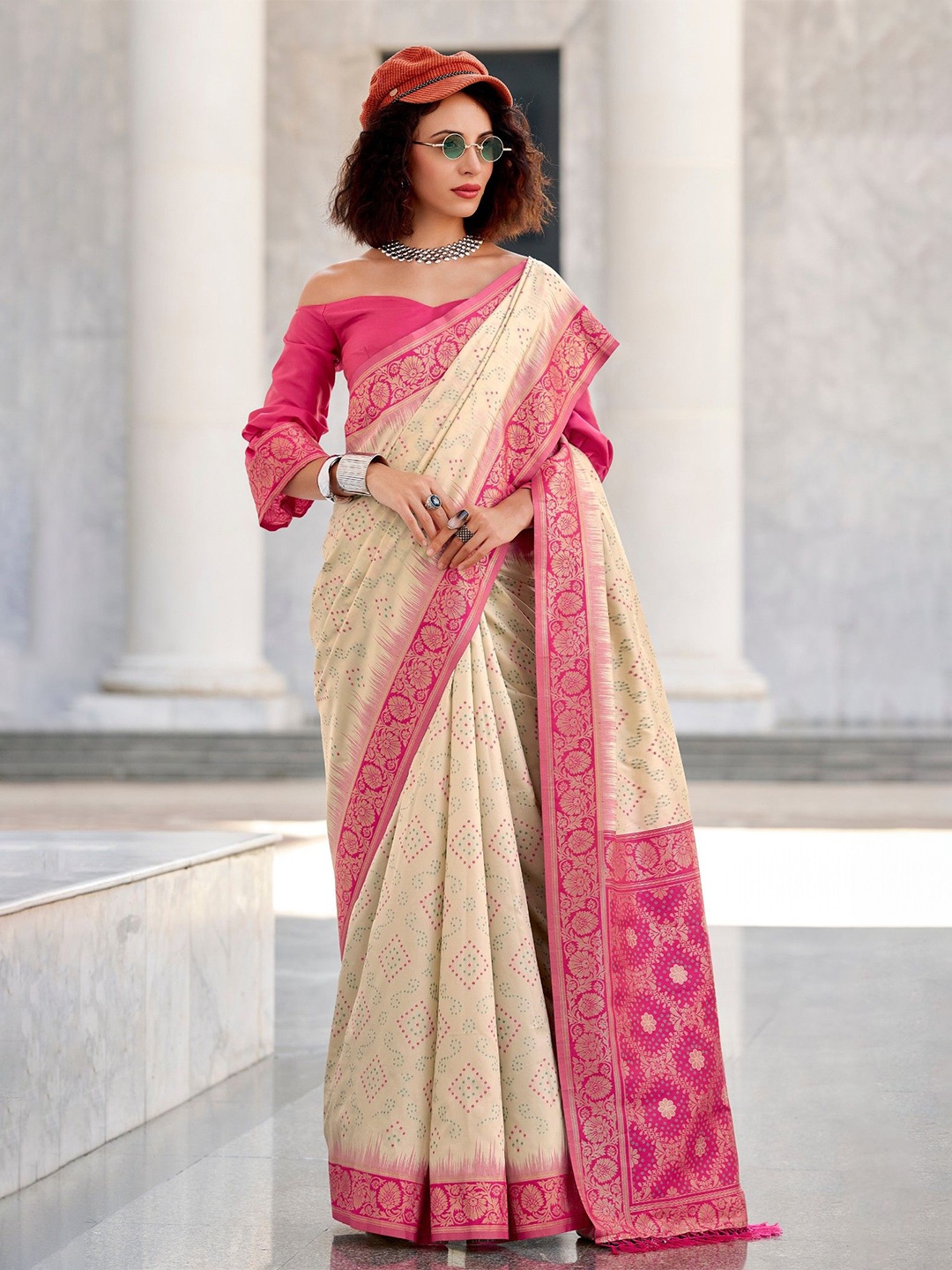 

MySilkLove Grain Cream Woven Banarasi Bandhani Soft Silk Saree