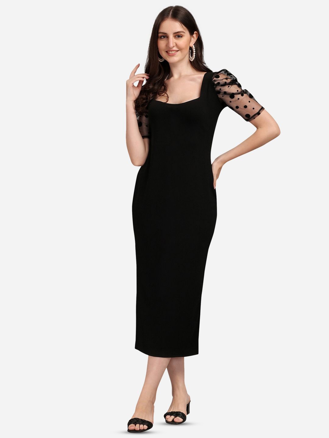 

Moda Rapido Puff Sleeve A-Line Midi Dress, Black