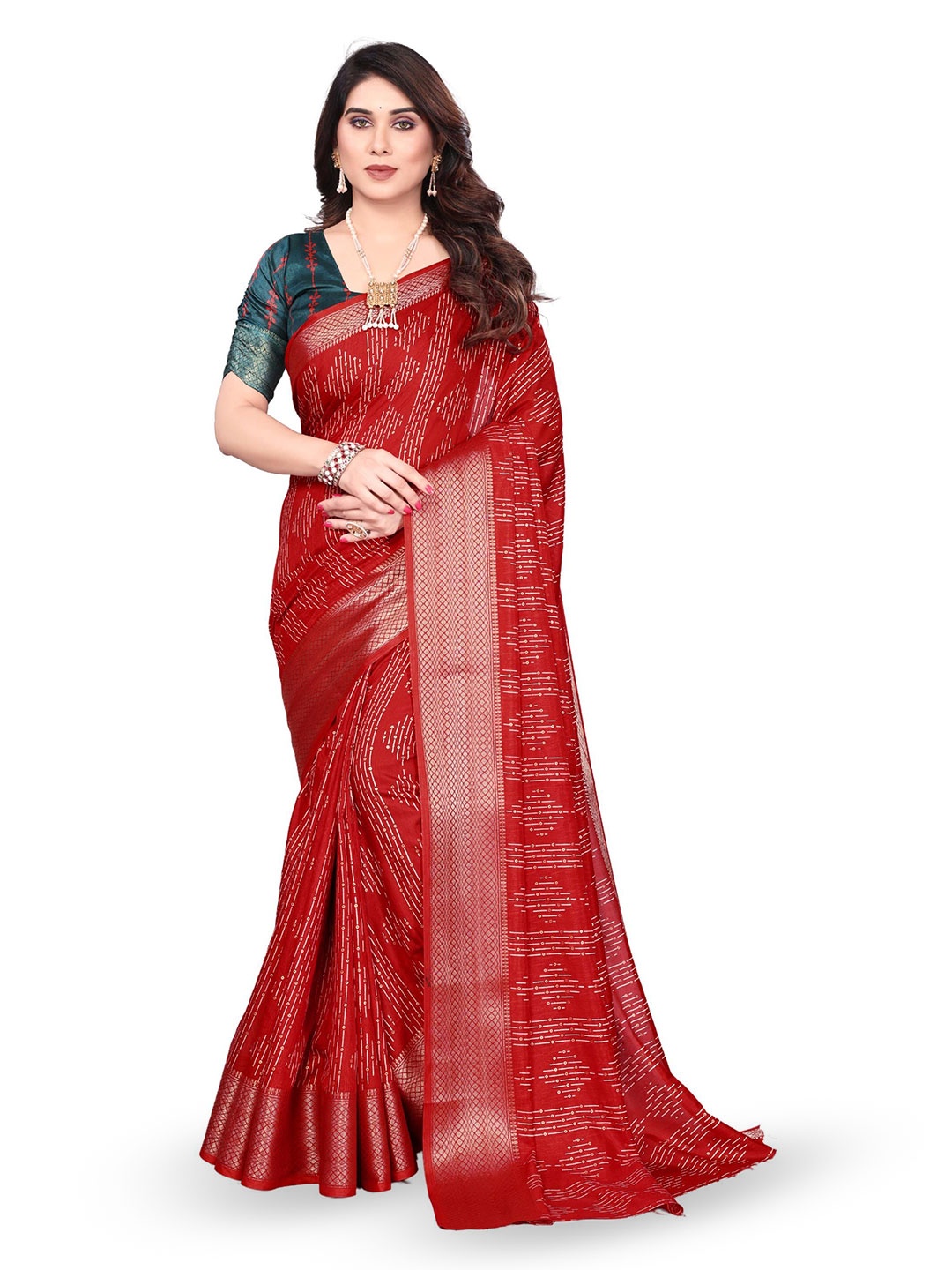 

MAGNEITTA Zari Silk Blend Saree, Red