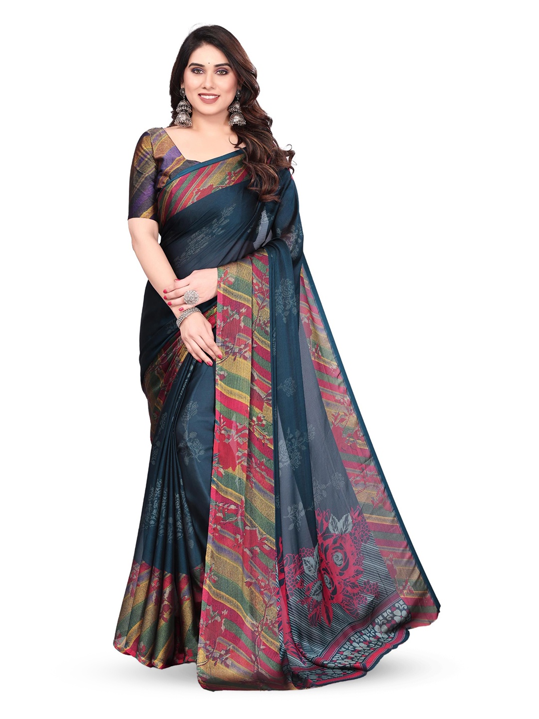 

MAGNEITTA Floral Pure Chiffon Saree, Blue