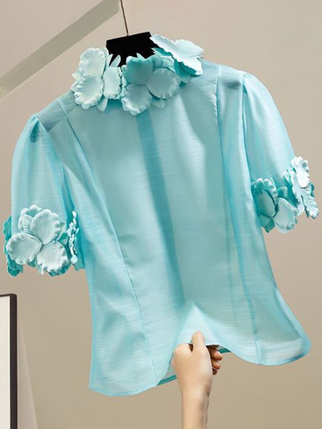 

PANKH Floral Self Design High Neck 3D Flower Detailing Top, Blue