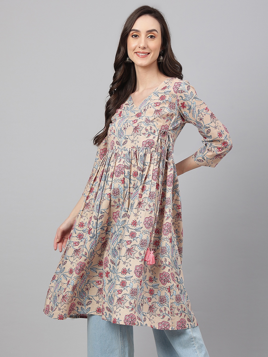 

KALINI Floral Printed V-Neck Angrakha Anarkali Pure Cotton Kurta, Beige