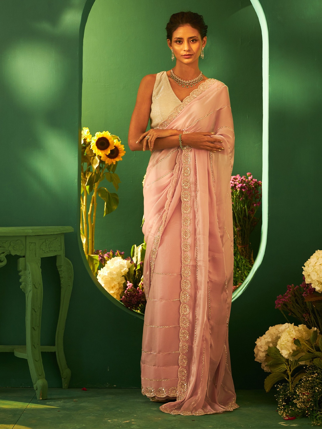 

Sabaahat Embellished Beads and Stones Organza Saree, Pink