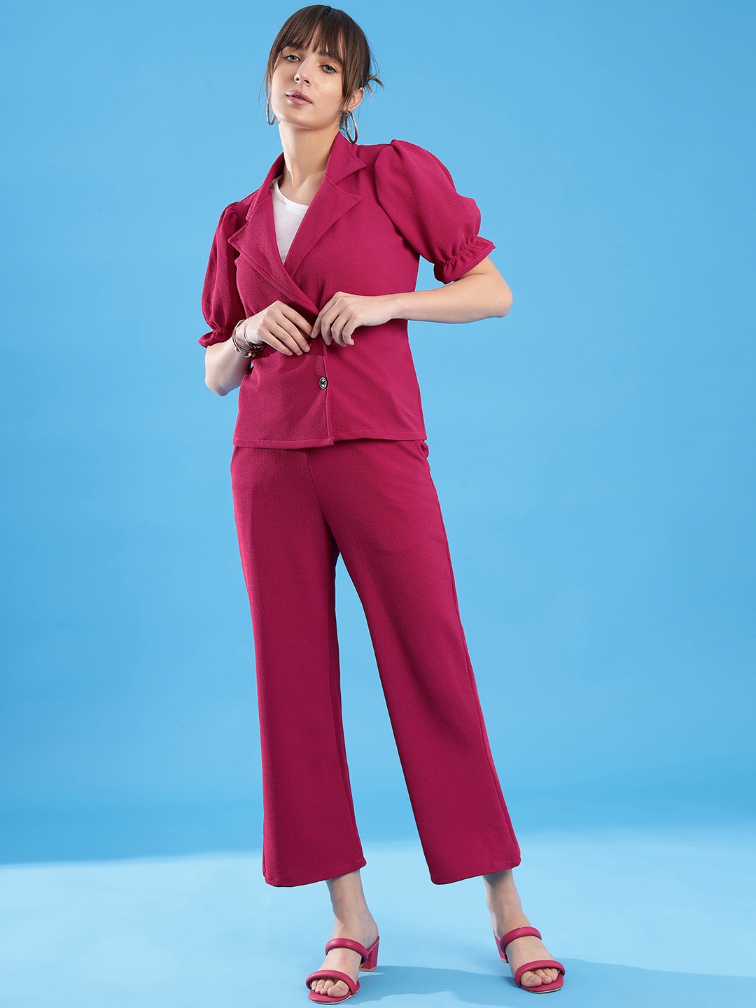 

Moda Rapido Solid Short Sleeves Shawl Neck Top With Trousers, Pink