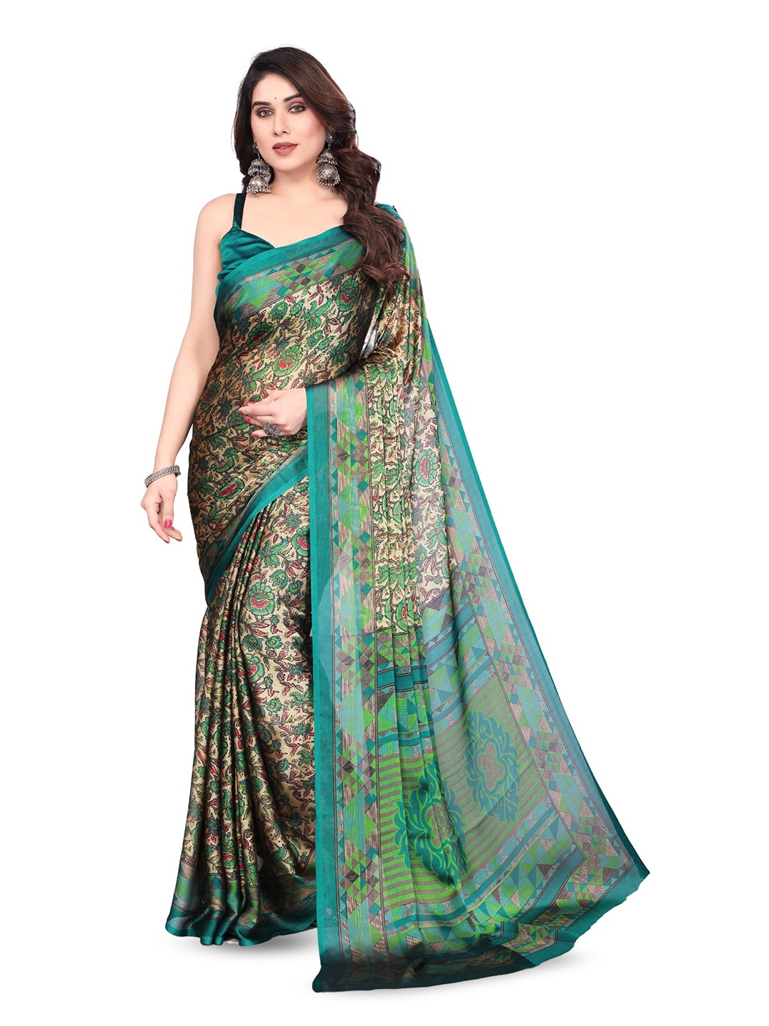 

MAGNEITTA Floral Pure Chiffon Saree, Green