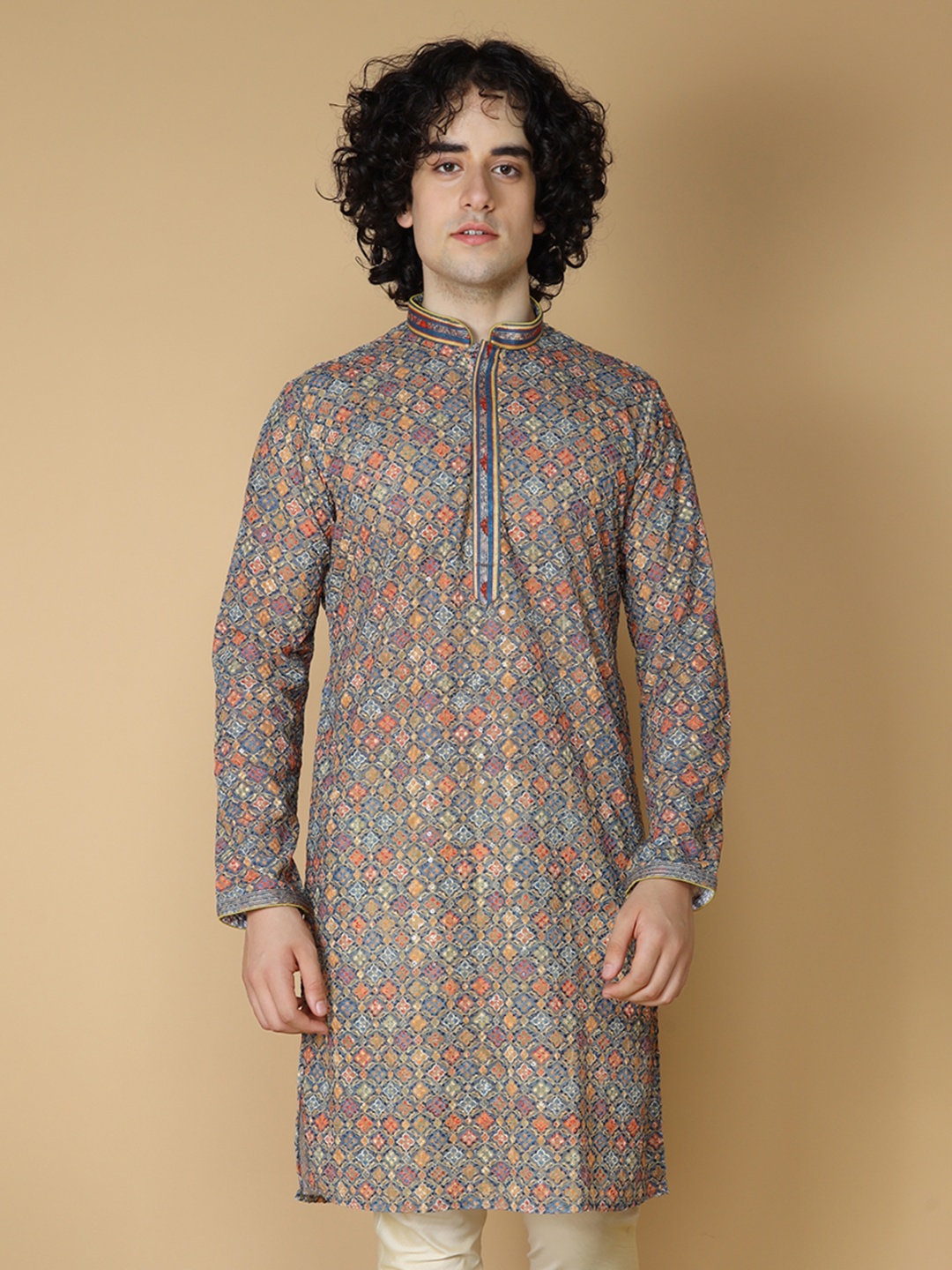 

MAAHI FABS Geometric Printed Mandarin Collar Cotton Straight Kurta, Blue