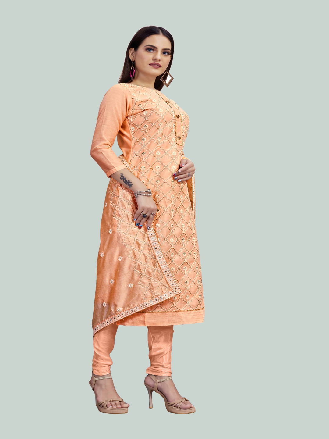 

HERE&NOW Floral Embroidered Thread Work Unstitched Dress Material, Peach