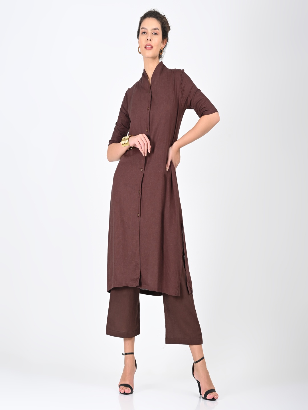 

Saltpetre Shawl Neck Organic Cotton Tunic With Trousers Co-Ords, Coffee brown