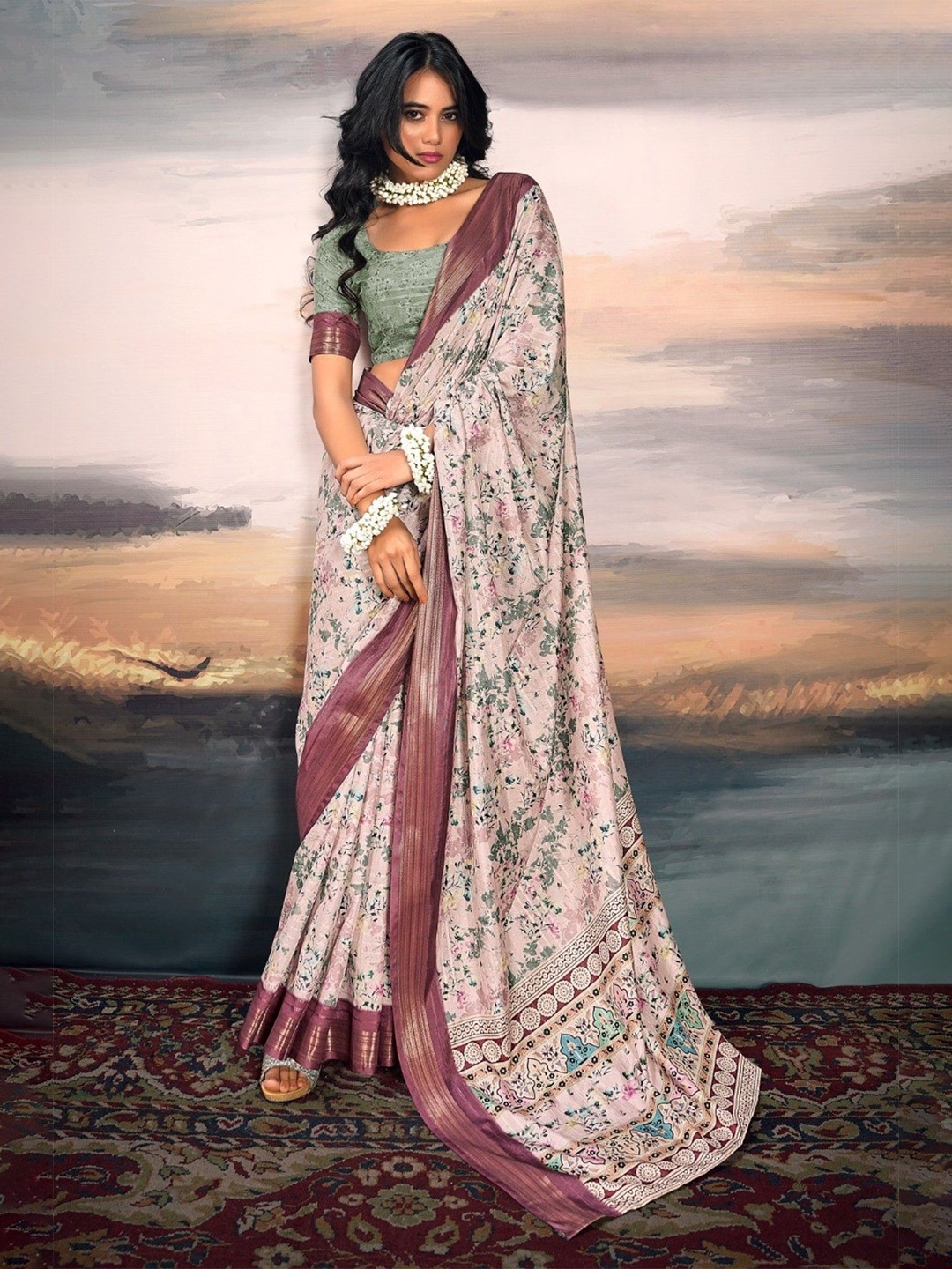 

MySilkLove Clam Shell White and Green Digital Printed Cotton Saree